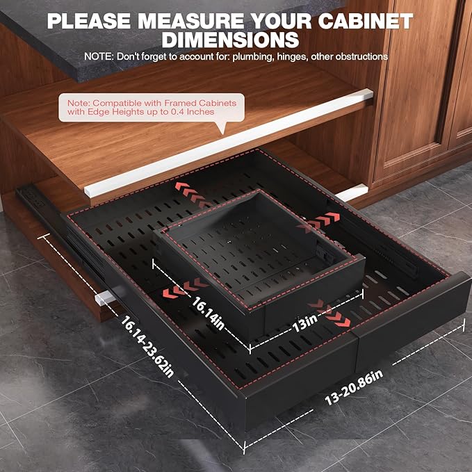 Seinloes Pull Out Cabinet Organizer,4-Side Expandable to Maximize Cabinet Space,Slide Out Drawers with 3 Rail Design,Roll Out Shelf with Raising Pad for Framed Cabinet,13"-21"W x 17"-24"D,Black,2 Pack