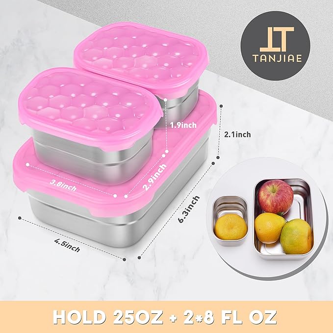 Tanjiae Small Stainless Steel Lunch Containers for Kids | Leak Proof BPA Free Snack Containers with Silicone Lids - Perfect Metal Snack Containers with Lids for School and Daycare (25oz+8oz*2)