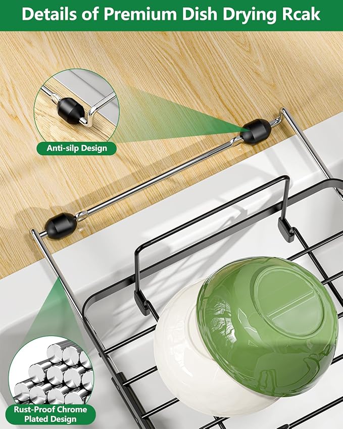 Small Dish Drying Rack, Expandable Sink Dish Rack Over Sinks, Dish Drainer for Kitchen Counter with Cutlery Holder, Space-Saving for Small Kitchens, Black