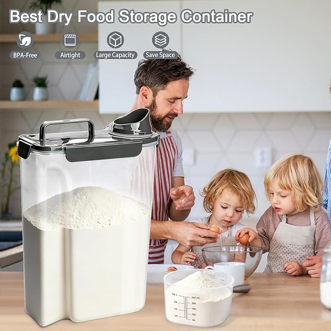 Komzon Rice Storage Containers, 20 LB Rice dispenser with Pouring Spout Portable Handle for Flour, Pasta, Grain and Baking, Pet Dog Cat Bird Food Container Grey