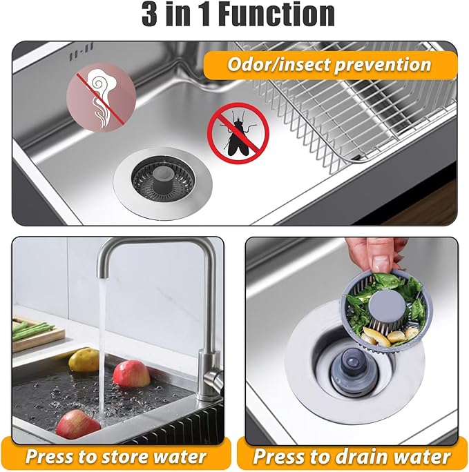 Anlige Kitchen Sink Drain Strainer, 3 in 1 Pop Up Kitchen Sink Stopper, with an Extra Basket Strainer, Universal for US Standard 3-1/2 Inch, Chrome Silver