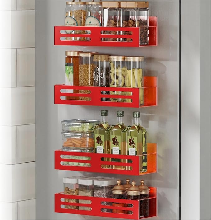 Magnetic Spice Rack for Refrigerator, Metal Spice Rack Organizer, Magnetic Shelf for Fridge 4Pack Red