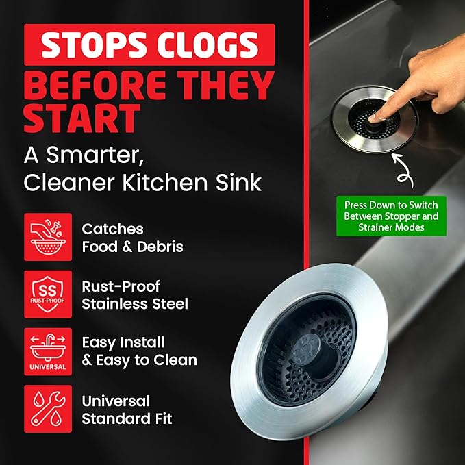 SinkShroom Kitchen Sink Drain Strainer, 2-in-1 Pop-Up Sink Stopper & Strainer with Removable Anti-Clog Basket, 304 Stainless Steel, Fits 3"-3.4" US Standard Drains, Easy Clean Food Catcher