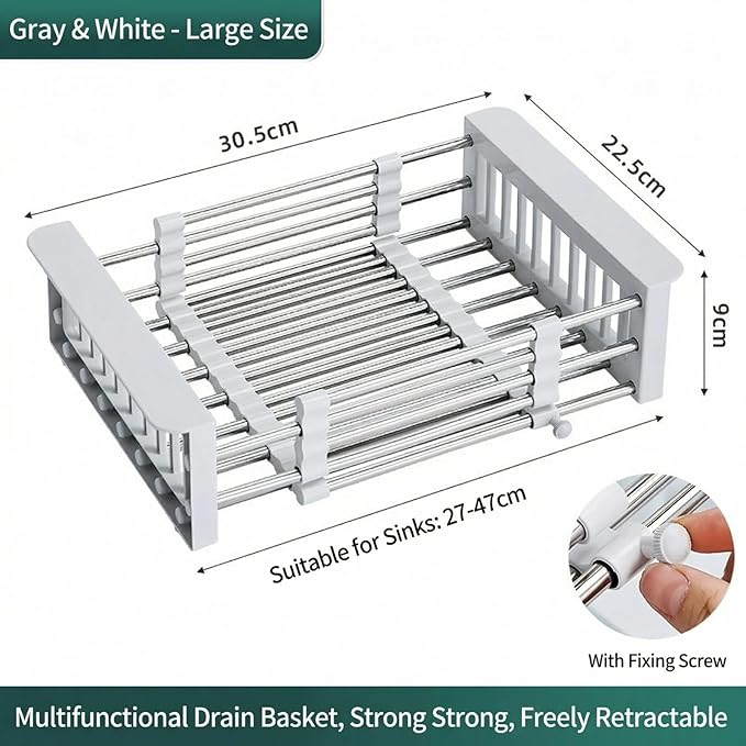 Extend Kitchen Sink Drain Basket, Adjustable Dish Drying Rack with Stainless Steel Drain Basket for Kitchen， Upgraded Retractable Kitchen Sink (Gray)
