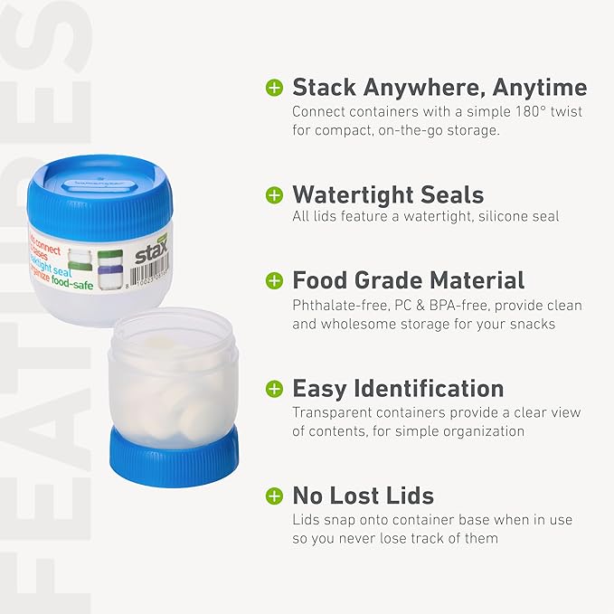 humangear STAX, Stackable Snack Containers - Leak-Proof Snack Travel System - FDA-Food Safe, BPA/PC/Phthalate-Free - Stackable & Click-Together Food Storage, Small Mid 12-Pack, Clear/Blue