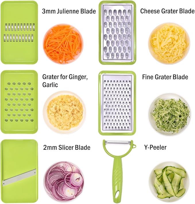 NACOLUS Cheese Grater with Container,5 In 1 Mandoline Slicer for Kitchen,Multi Purpose Vegetable Slicer, Easy to Clean Vegetable Chopper,Cheese Shredder,Julienne Slicer and Peeler
