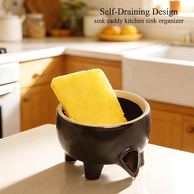 Ceramic Sponge Holder with Drainage, Modern Black Sink Caddy Organizer, Sponge Dish Rack for Soap, Brushes, Keeps Countertop Dry, Kitchen Sink Accessory