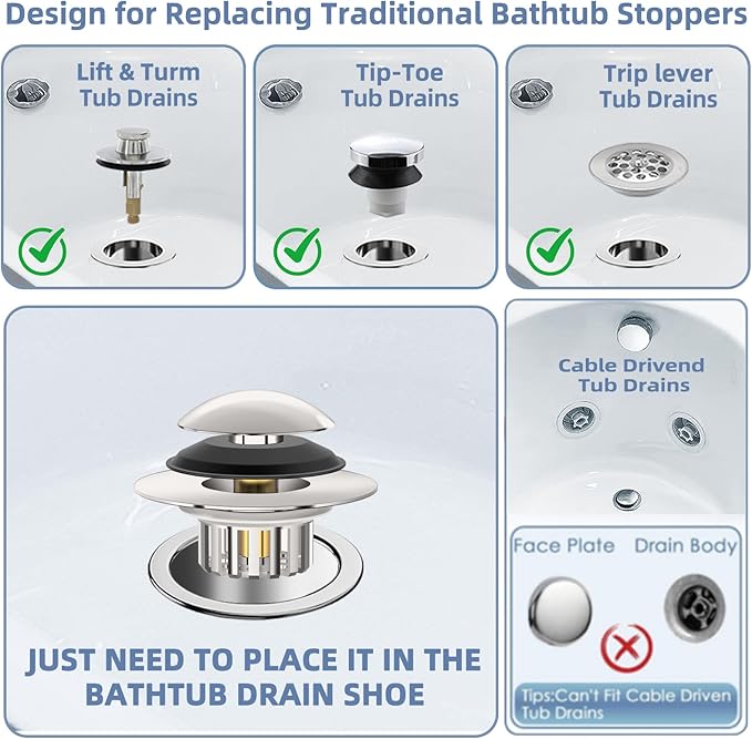 Universal 3 in 1 Bathtub Drain Stopper Bathtub, Pop-up Tub Stopper with Effective Filter Basket, Anti-Clogging Bathtub Drain Plug Bath Tub Stoppers for 1.45-1.8" Drain Shoe, Brushed Nickel