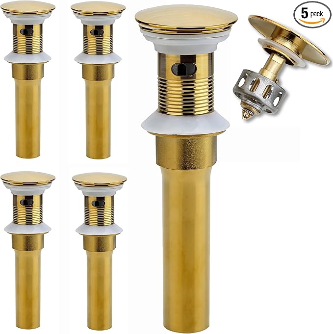 Rockgoya Bathroom Sink Drain, 5 Pack Gold Drain Stopper Bathroom Sink with Overflow, Pop Up Drain Assembly with Detachable Strainer Basket, Built-in Anti-Clogging Strainer,Stainless Steel