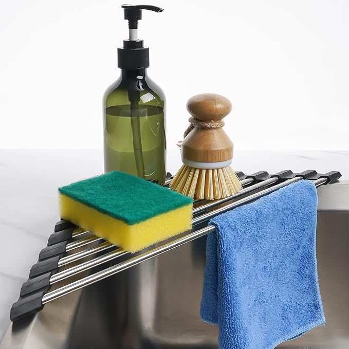 Tomorotec Foldable Stainless Steel Triangle Roll-Up Dish Drying Rack for Small Sink Corners - Over-The-Sink Multipurpose Kitchen Drainer, Rustproof Organizer, Trivet and Shelf - Space-Saving (Black)