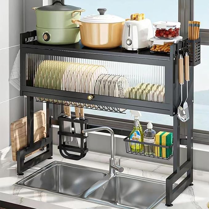 Over The Sink Dish Drying Rack, Over Sink Dish Drain Drying Rack for Kitchen Storage of Dishes and Cutlery, Space Saving Dish Rack with Cover, (Black, 33.5 inch)