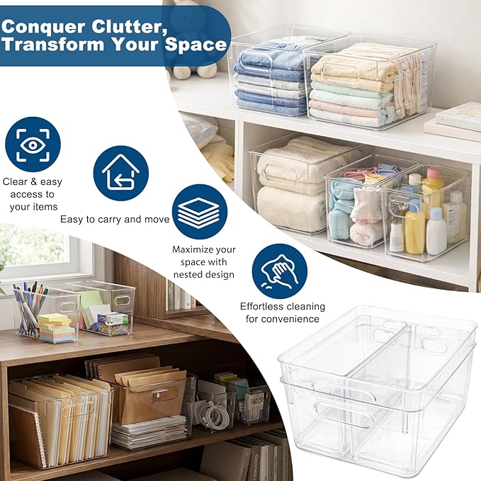 MOONEDGE 8 Pack Modular Clear Plastic Storage Organizer Bins – 4 Large & 4 Narrow, Nestable Space-Saving System for Pantry, Kitchen, Fridge, Bathroom & Cabinet Organization - Versatile & Easy to Use