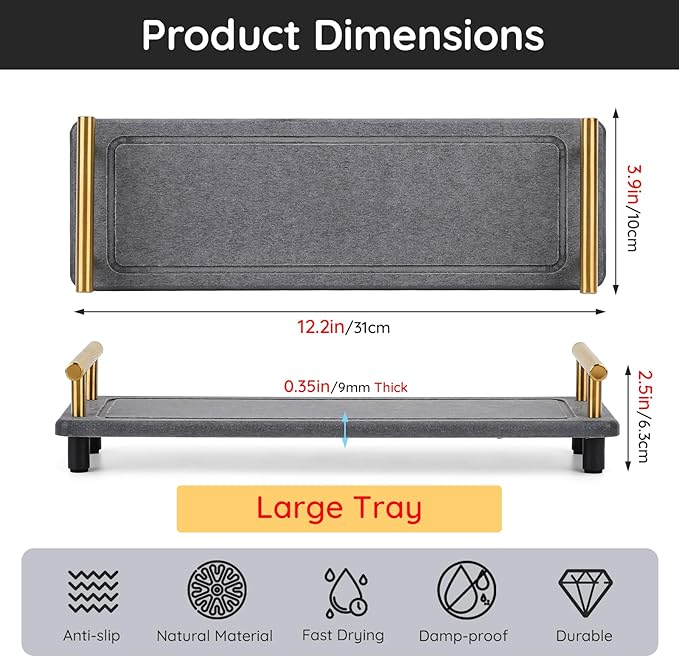 Segbeauty 12x4 Instant Dry Sink Caddy, Water Absorbing Stone Drying Tray for Kitchen Counter, Quick Dry Diatomaceous Tray Countertop Organizer Rack Soap Holder Bathroom Tray for Soap Dispenser Bottle