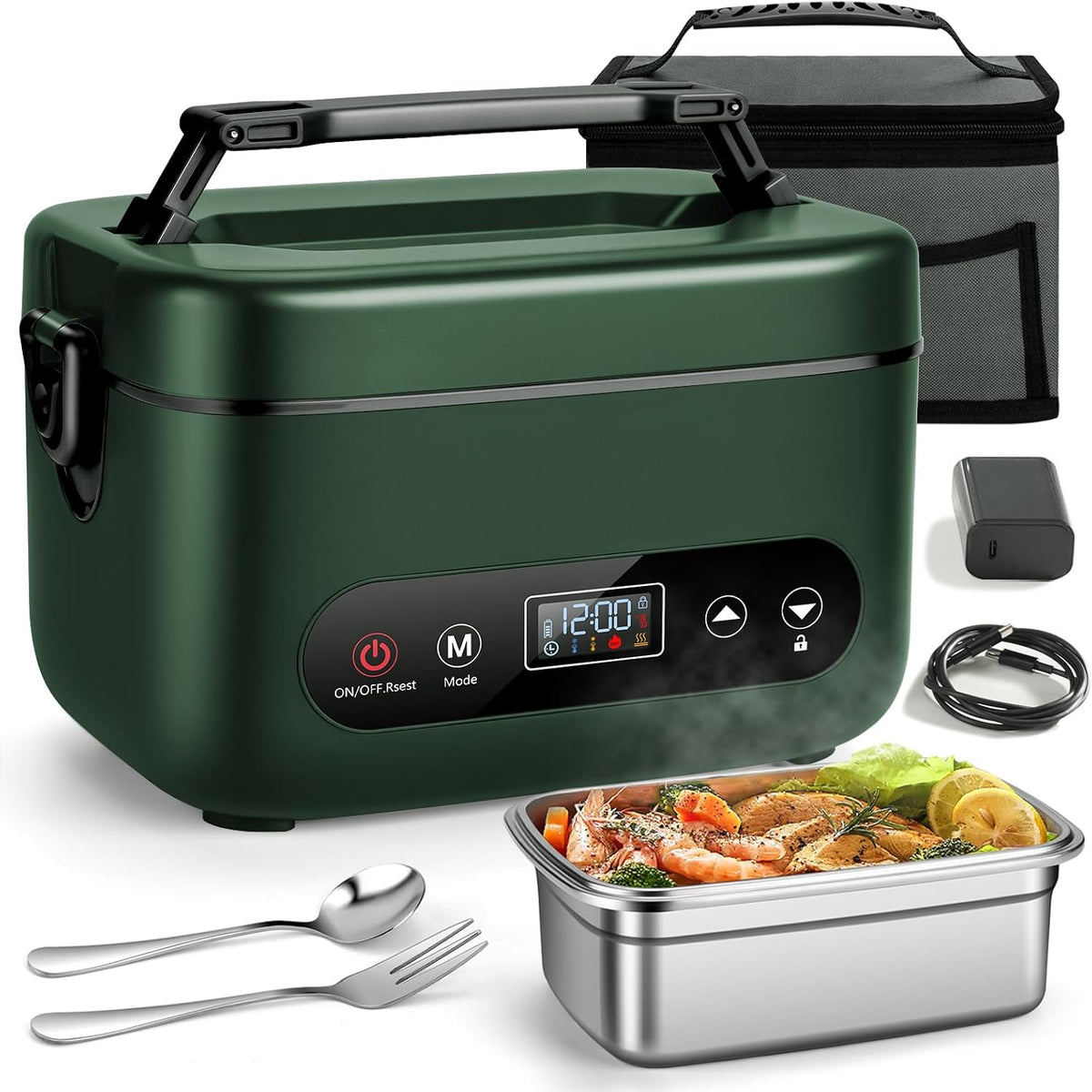 Heated Lunch Box for Adults, 1.2L Self-Heating Food Warmer, Green