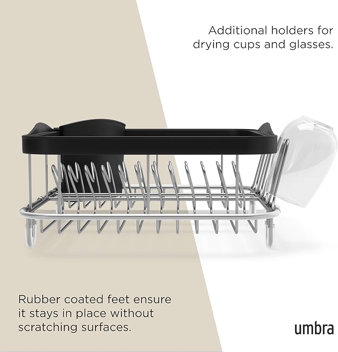 Umbra Sinkin Dish Drying Rack – Drainer with Cup Holders and Removable Cutlery Caddy – Use Over Sink, in Sink, or On Counter, Deluxe, Black/Nickel