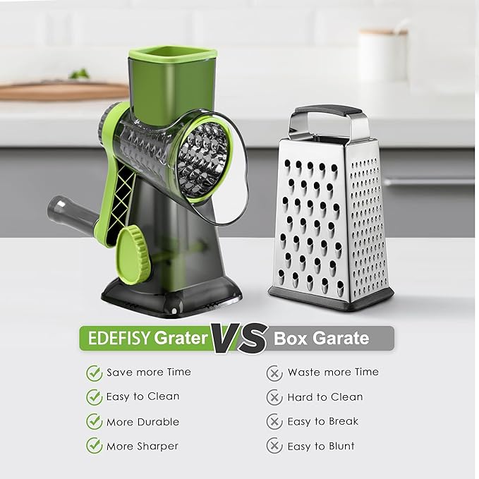 Quick Rotating Cheese Grater, Manual 3-in-1 Vegetable Chopper with Interchangeable Blades and Suction Cup Base (Green)