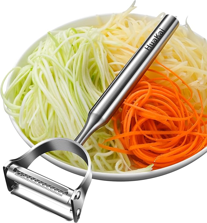 Stainless Steel Vegetable Peeler, 2-in-1 Multi-Function Design,Various Fruits and Vegetables/Straight-edge blades for peeling/Serrated blades for Julienne/Silver (Upgraded Version)