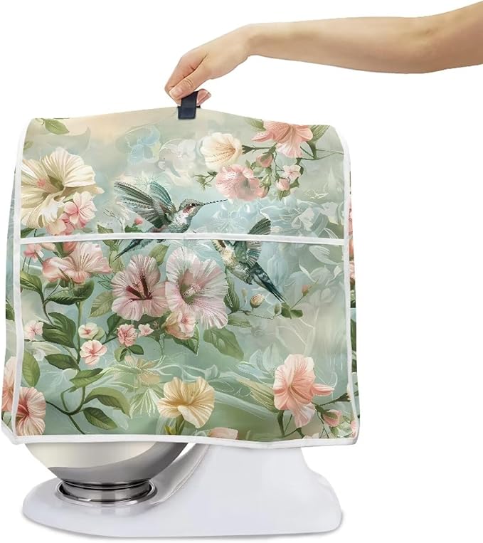 Floral Hummingbird Foldable Portable Mixer Cover | Dust Protector with Handle & Pocket | 4.5-5 Quart Kitchen Appliance Protector for Home Decor