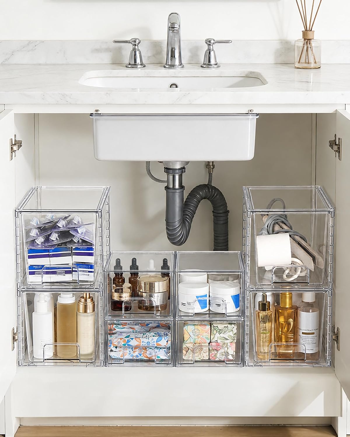 8 Pack Clear Pull-Out Under Sink Organizer Set (4 Large & 4 Small)