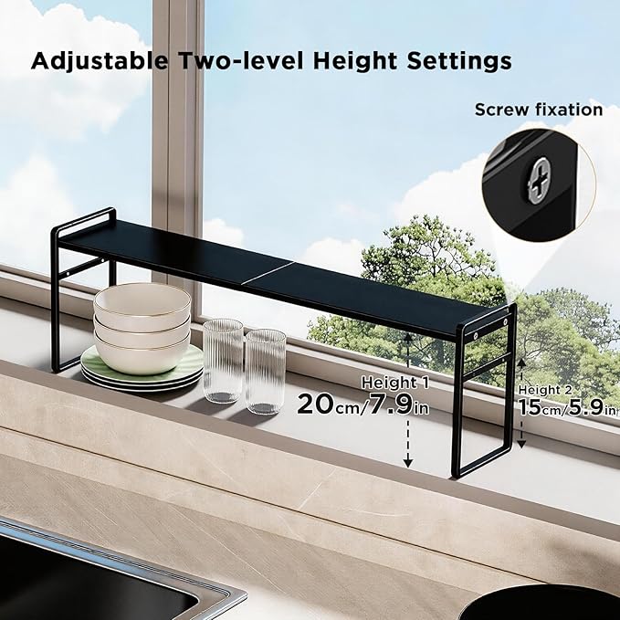 2 Tier Expandable Stackable Narrow Shelf Organizer, Tall Countertop Organizer for Tight Spaces, Windowsill Plant Stand, Over-Sink/Faucet Shelf, Kitchen Storage, Bathroom Vanity, Laundry Room (Black)
