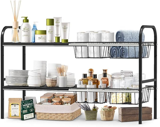 Expandable 2-Tier Under Sink Organizer, 2-Tier 4 Boards and 4 Baskets)
