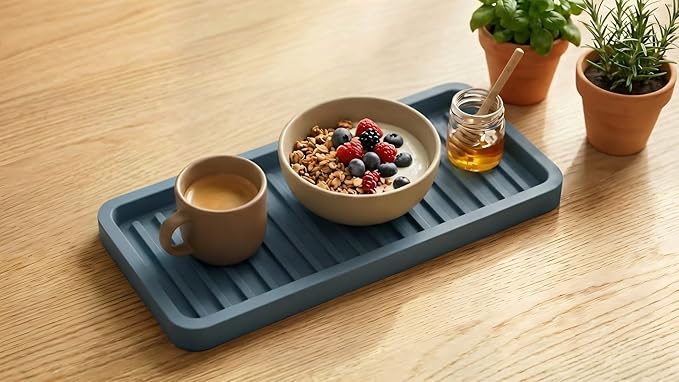 Silicone Sink and Surface Organizer Tray, Sponge Holder, Vanity Tray, Trivet, Heat Safe, Dishwasher Safe, for Bathroom and Kitchen Organization (Smoky Blue, 9"x3.5")