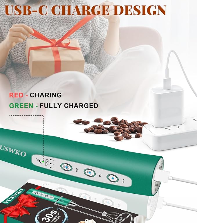 YUSWKO Milk Frother Handheld for Coffee with Stand, Rechargeable Drink Mixer with 3 Heads 3 Speeds Electric Coffee Frother Whisk, Gift for Many Occasions and Festival