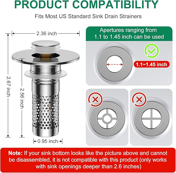 Bathroom Sink Drain Strainer,Universal Pop-Up Sink Stopper Hair Catcher, Anti-Clog Stainless Steel Drain Filter Basket, Removable Sink Drain for Bathroom Sink Stopper