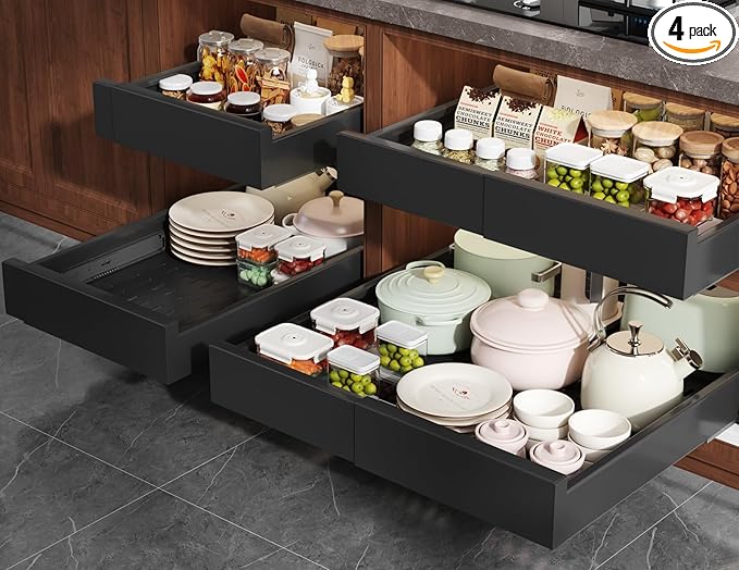 Seinloes Pull Out Cabinet Organizer,4-Side Expandable to Maximize Cabinet Space,Slide Out Drawers with 3 Rail Design,Roll Out Shelf with Raising Pad for Framed Cabinet,13"-21"W x 17"-24"D,Black,4 Pack