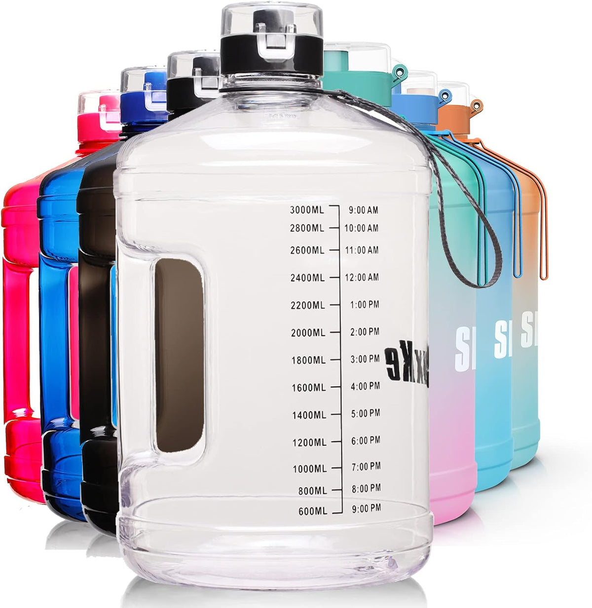 Gallon Big Water Bottle with Handle, 128oz Leakproof BPA Free Fitness Sports Water Bottle with Motivational Time Marker & Wide Mouth Ensure You Drink More Water