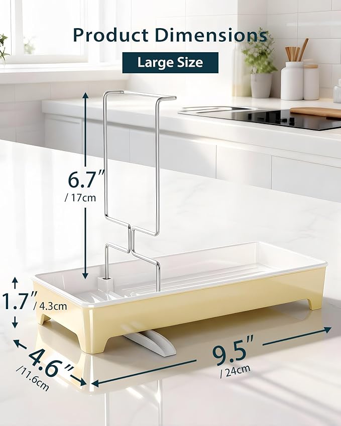 Minimalist Sink Caddy, Rustproof Sponge Holder for Kitchen Sink with 304 Stainless-Steel Brush Holder, Countertop Rack Organizer with Raised Ridges & Silicone Drain Tube (Pastel Yellow, Large)