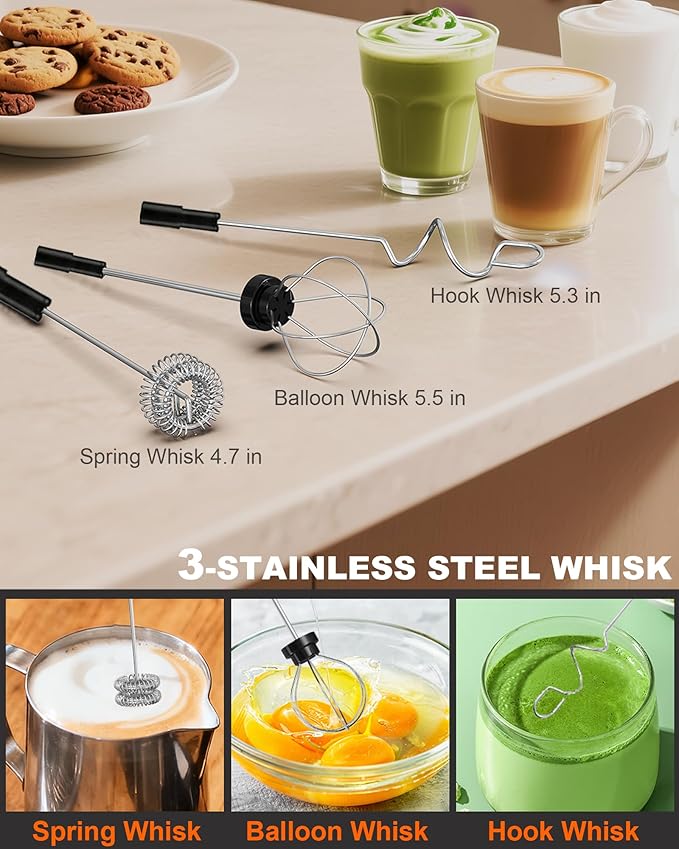 3-Speed Rechargeable Milk Frother Handheld with Stand & 3 Whisks, Dual Coil Whisk Coffee Frother Handheld - Electric Frother Wand for Coffee Matcha Cappuccino, Kitchen Gift Set, Black