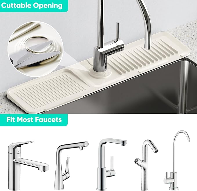 24'' Faucet Mat for Kitchen Sink [5°Slope Fast Self-draining] Faucet Mat Kitchen Sink Splash Guard Silicone Sink Faucet Mat Splash Guard Kitchen Sink Area Tidy Splash Faucet Guard Draining Mat-Beige