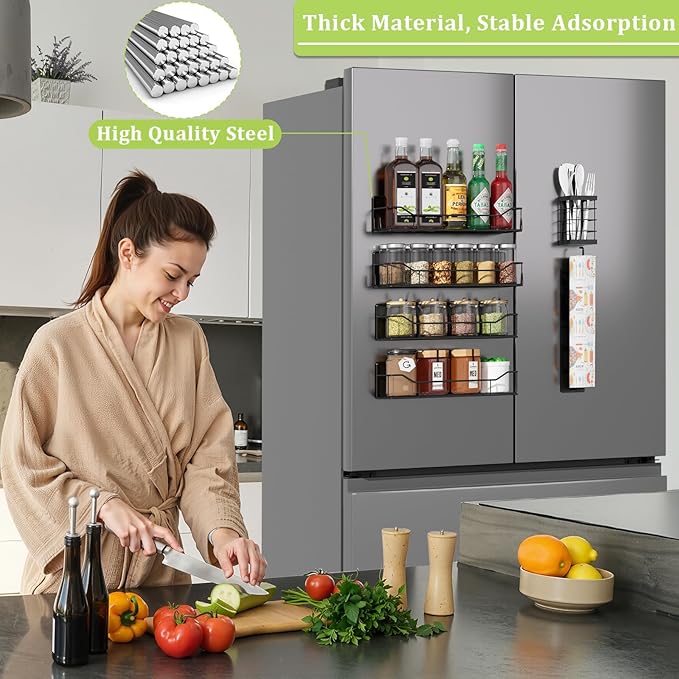 Magnetic Spice Rack for Refrigerator, 6 Pack Strong Magnet Spice Organizer with Paper Towel Holder, Utensil Holder, Moveable Magnetic Fridge Shelf for Kitchen Organization and Storage (Black)