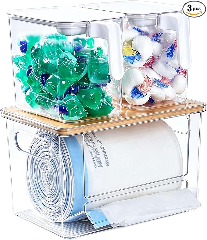 iCASA Trash Bag Dispenser Organizer - Large 3 in 1 Garbage Bag Dispenser Holder Dishwasher Pods Container, Clear Under Kitchen Sink Organizer, 2pcs Laundry Detergent Pods Storage Box with Handle