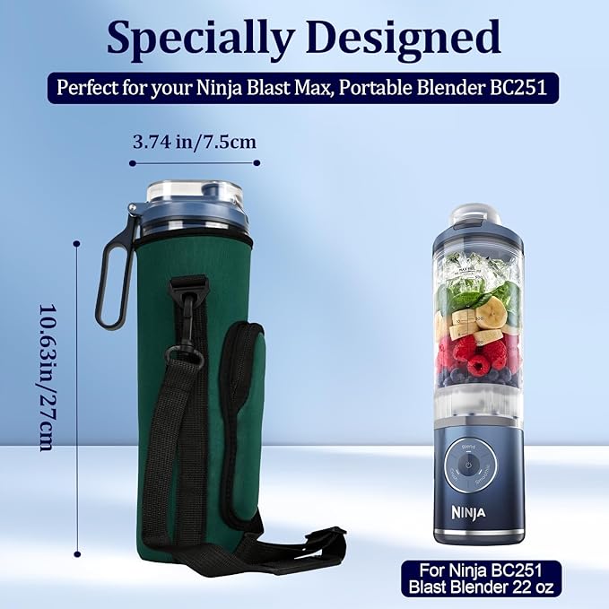 Storage Sleeve Bag for Ninja Blast Max Portable Blender with Shoulder Strap and Accessory Pocket compatible with BC251NV/BC251IV/BC251GY/BC251MT/BC251PK/BC251LD/BC251SL, 22 oz (Dark green)