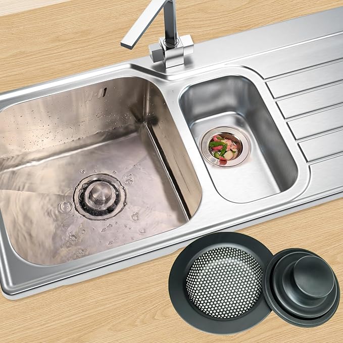 RQYEKDO Kitchen Sink Strainers Sink Stopper Kits, Stainless Steel Sink Drain Strainer Set, Large Wide Rim 4.5" Diameter Food Catcher Garbage Disposal Plug for Most Sink Drains Basket Filter(Black)