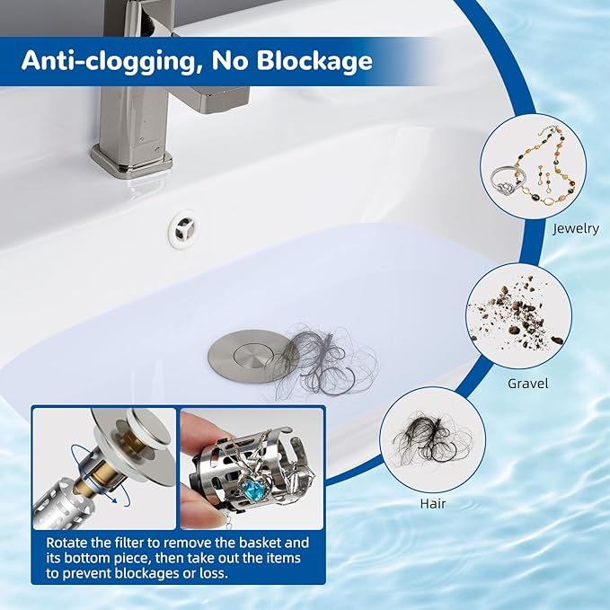 Hibbent 3 Pack 3 in 1 Bathroom Sink Drain Strainer, Universal Pop Up Stopper with Removable Stainless Steel Filter Basket Hair Catcher, Sink Plug for 1.1''~2.36'' Basin, Brass Core, Brushed Nickel