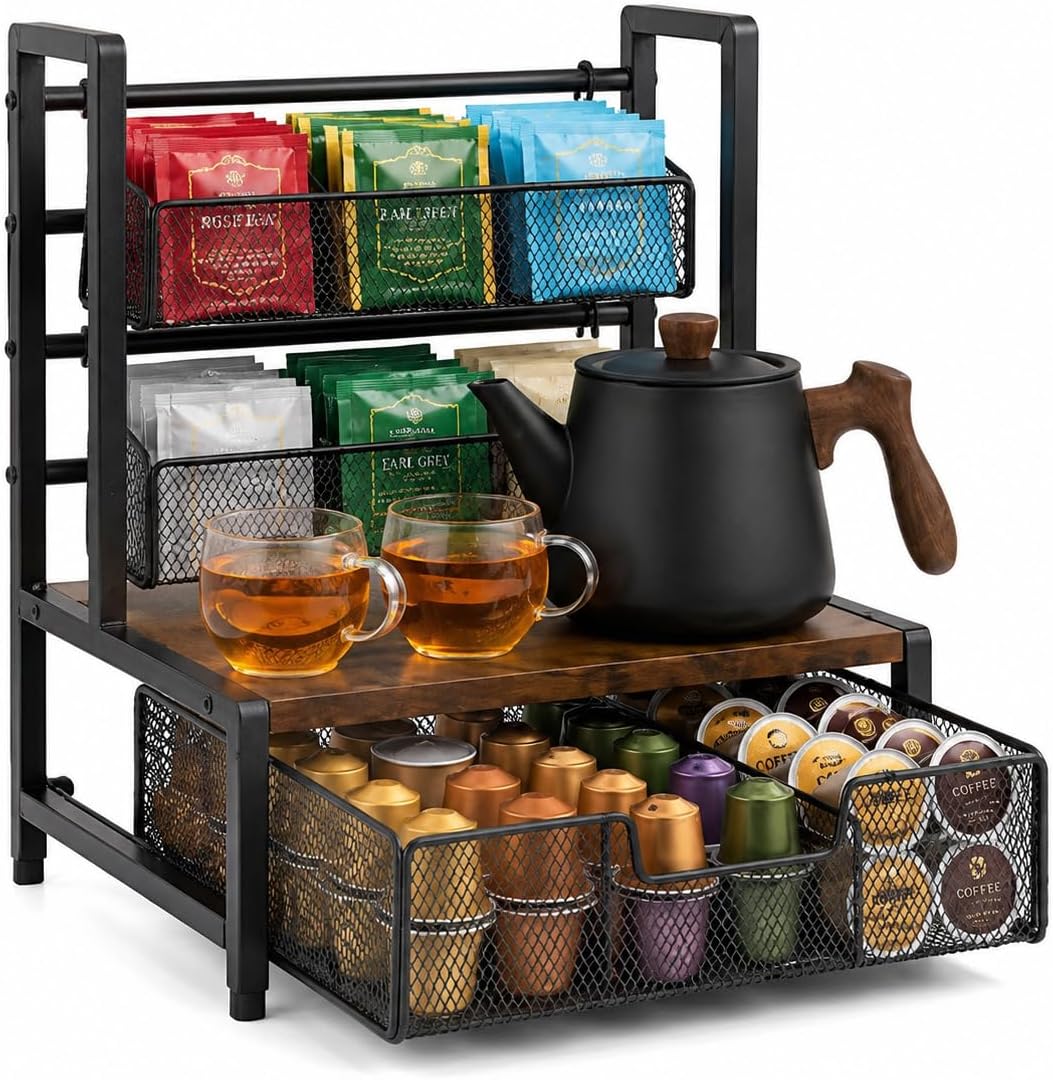 3 Tier Coffee Station Organizer with Drawer and Hanging Baskets, Wood & Metal Large Capcity Coffee Bar Organizer for K Cups, Coffee Pods, Tea Bags, Sugar Packets, Countertop Storage Rack