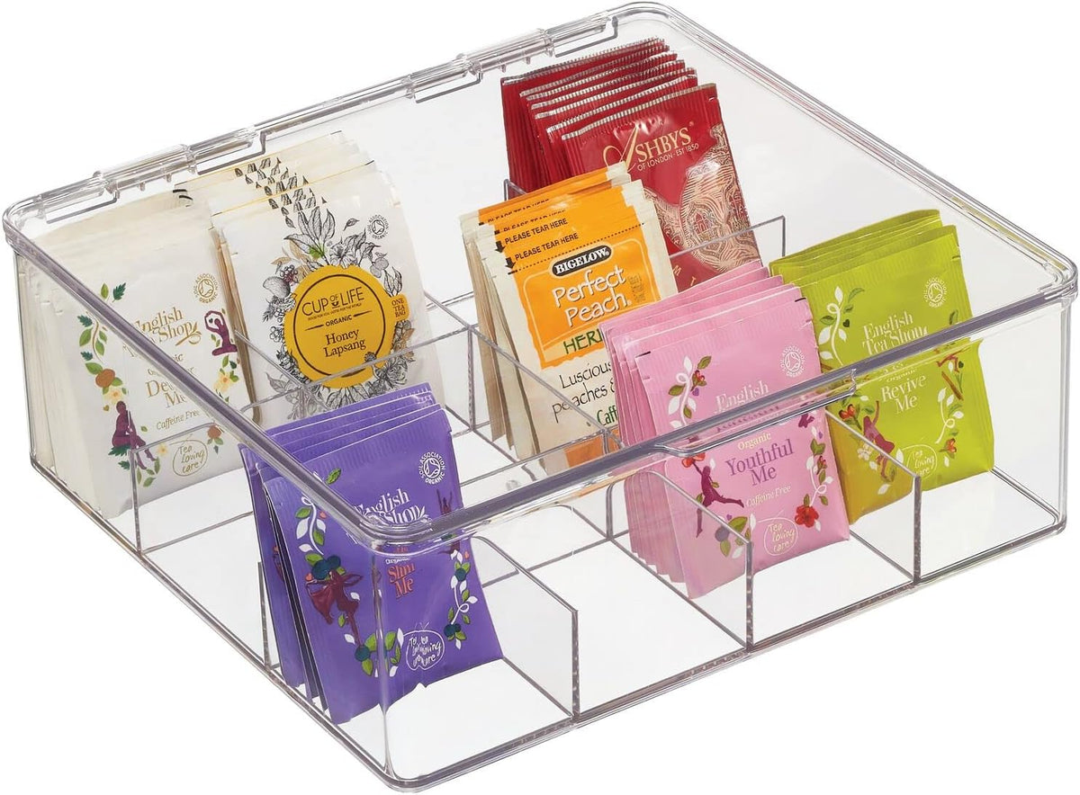 Plastic Kitchen Organiser — Practical Storage Box with 12 Compartments and Hinged Lid — Pantry Storage Box with Lid for Tea, Coffee, Spices and Other Foodstuffs — Clear