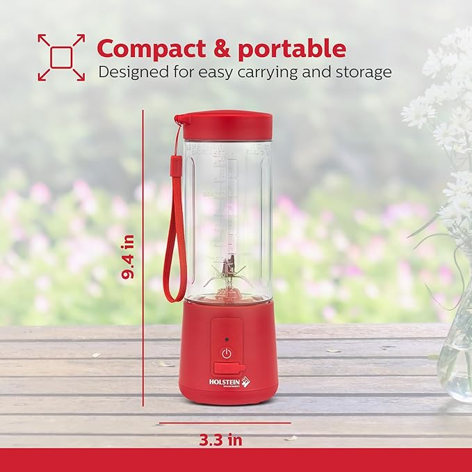 Holstein Housewares - USB Portable Blender, 16oz Personal Smoothie & Shake Maker with Rechargeable Battery, Type-C Fast Charging, Spill-Free Lid & Indicator Light - Red