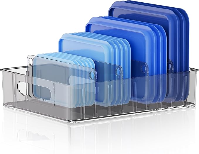 LYNG Lid Organizers Inside Cabinet, Clear Plastic Storage Lid Organizer With 4 Adjustable Dividers, Food Container Lid Organizer For Kitchen Pantry Grey