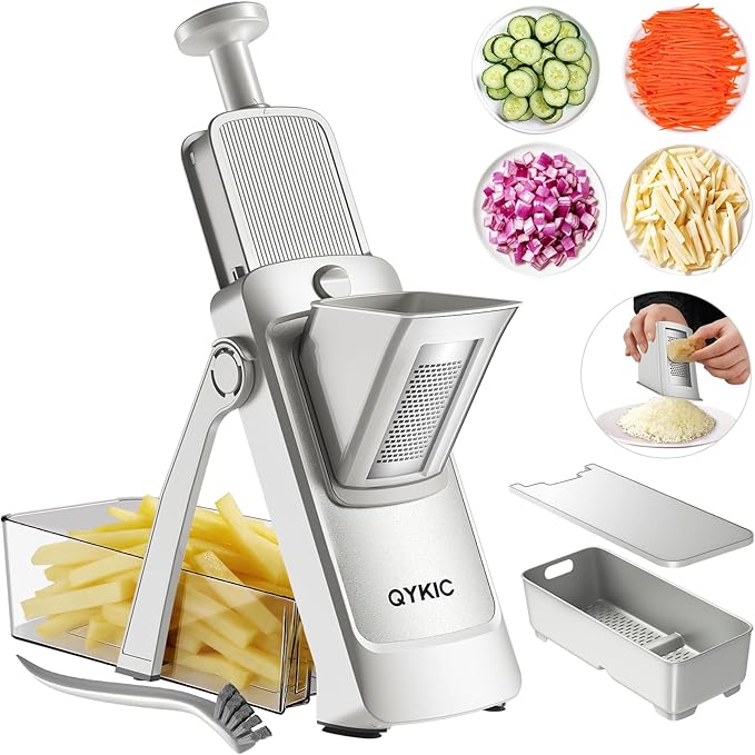 8 in 1 Mandoline Slicer for Kitchen, Vegetable Chopper, Potato Slicer, Fry Cutter Onion Chopper with Drain Basket Food Container with Lid, Stainless Steel Cheese Grater for Quick Meal Pre (Gray)