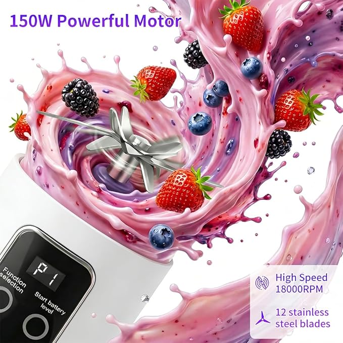 Portable Personal Blender, 500ML Cordless Compact Travel Juicer for Shakes and Smoothies, Small Blenders with Smart time display, Self-cleaning, BPA Free Cup & Lid, 12 blades, USB-C Rechargeable White