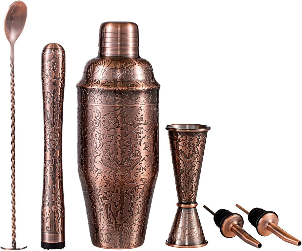 3D Etching Cocktail Shaker Set Bartender Kit with Cocktail Shaker,Jigger, Muddler, Bar Spoon, Bar Accessory Tools, Reindeer Deer Head Pattern, Stainless Steel, Copper Plated