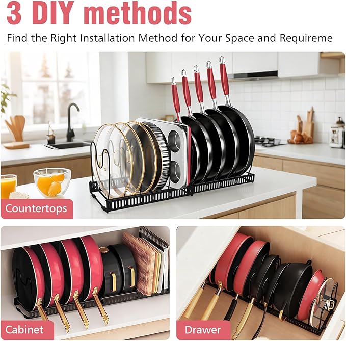 2 Pack Expandable Pots and Pans Organizer for Cabinet, Pot Lid Holder with 13 Adjustable Dividers, Under Cabinet Storage Rack for Pot Lids, Cutting Boards & Baking Sheets (11.8"-22.8")