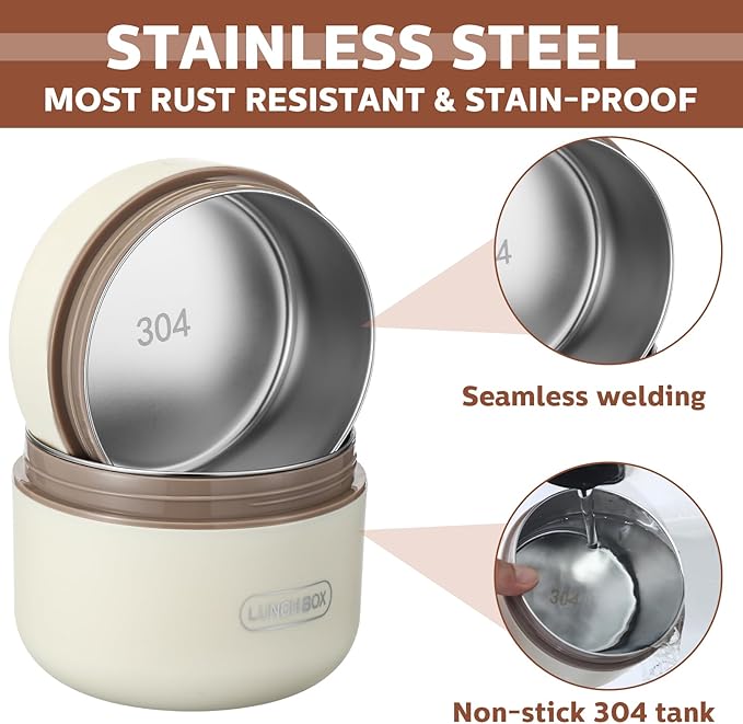 Dandat 4 Pcs Insulated Lunch Container, Portable Bento Box, Stainless Steel Lunch Box, Round Stackable Leakproof Thermal Food Container for Adult Men Women with Insulated Bag, 74 oz(Beige)