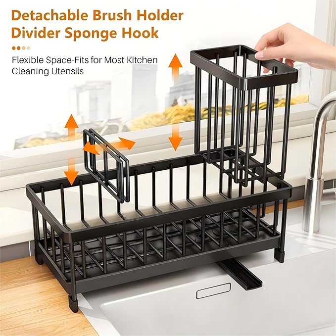 Black Sponge Holder for Kitchen Sink, Sink Caddy with Brush Holder Self-draining Sponge, Sturdy Rustproof Stainless Steel Kitchen Countertop Organizer for Soap Dispenser