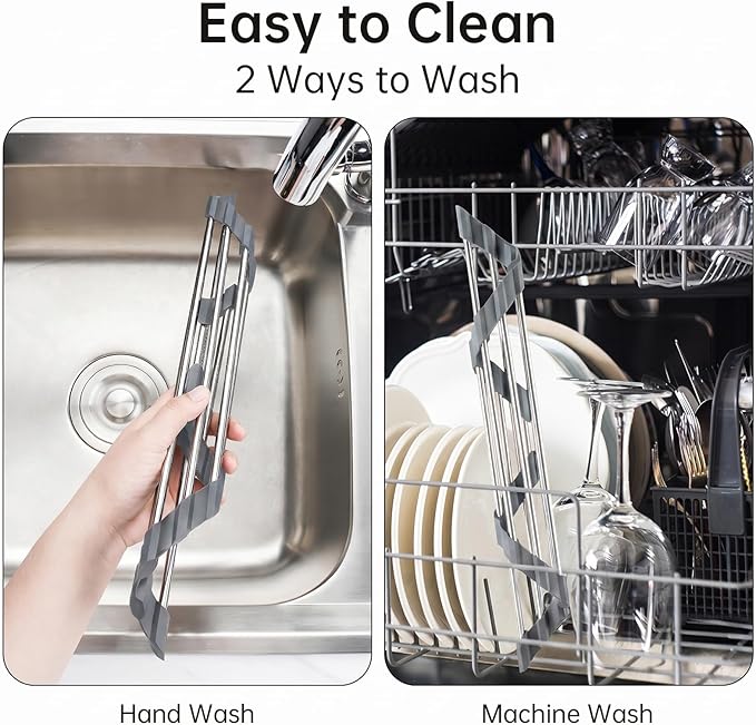 Tomorotec Stainless Steel Triangle Roll-Up Dish Drying Rack for Sink Corners - Foldable Over-The-Sink Multipurpose Kitchen Drainer, Trivet and Shelf - Space-Saving, Rustproof Organizer (Dark Gray)