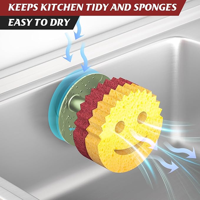 Kontoyo Sponge Holder for Kitchen Sink,Sink Caddy Organizer with Suction Cup Installation for Kitchen/Bathroom, Self Draining,Sponge Caddy for Holding Smiley Sponges-Green